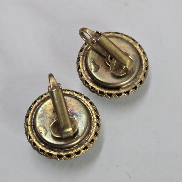 Vintage Gold Tone Blue Headlight Sparkling Rhinestone Clip Earrings Statement - Picture 5 of 6